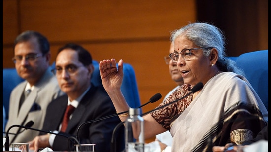 New Delhi, India - July 23, 2024: Union Finance Minister Nirmala Sitharaman during Post Budget Press Conference at National Media Centre, in New Delhi, India, on Tuesday, July 23, 2024. (Photo by Ajay Aggarwal/ Hindustan Times) (Hindustan Times)