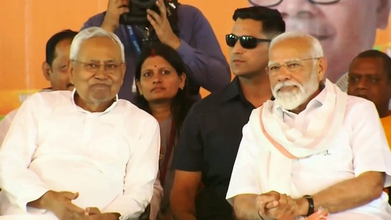 Prime Minister Narendra Modi with Bihar Chief Minister Nitish Kumar during a public meeting ahead of Lok Sabha elections, in Jamui, Thursday, April 4, 2024. (PTI)