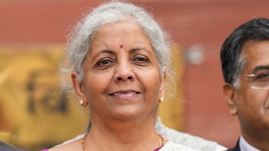 Union finance minister Nirmala Sitharaman outside the Finance Ministry in North Block before leaving for the Parliament to table the Union Budget 2024-25, in New Delhi on July 23, 2024.(PTI)