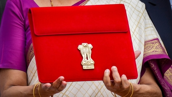 New Delhi: Union Finance Minister Nirmala Sitharaman carries a red pouch carrying the Budget documents, outside the Finance Ministry in North Block before leaving for the Parliament where she will table the Union Budget 2024-25, in New Delhi, Tuesday, July 23, 2024. (PTI Photo/Shahbaz Khan) 