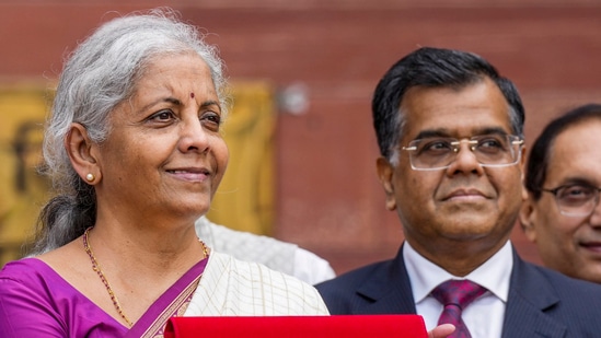 Union finance minister Nirmala Sitharaman along with Finance Secretary T V Somanathan before the budget speech.(PTI)