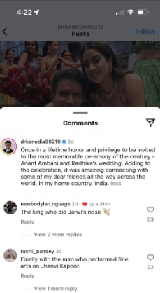 Dr Raj Kanodia liked a comment about Janhvi Kapoor's rhinoplasty on his official handle.