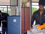 The image shows Indian swimmer Srihari Nataraj unboxing his Paris Olympics 2024 kit. The image shows Indian swimmer Srihari Nataraj unboxing his Paris Olympics 2024 kit.