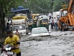 A view of heavily waterlogged street near Punjabi Bagh in New Delhi after heavy rain on Wednesday morning. (Sanchit Khanna/HT) A view of heavily waterlogged street near Punjabi Bagh in New Delhi after heavy rain on Wednesday morning. (Sanchit Khanna/HT)