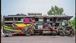 M angled remains of a bus lies on a road after an accident, in Unnao district on July 10, 2024. (PTI File) M angled remains of a bus lies on a road after an accident, in Unnao district on July 10, 2024. (PTI File)
