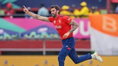 England's Reece Topley celebrates the dismissal of India's Virat Kohli during their semi-final match in the ICC Mens T20 World Cup 2024 (ICC - X ) England's Reece Topley celebrates the dismissal of India's Virat Kohli during their semi-final match in the ICC Mens T20 World Cup 2024 (ICC - X )