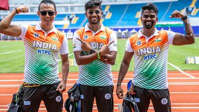 Indian men's recurve team of Tarundeep Rai, Dhiraj Bommadevara and Pravin Jadhav. (Sai media x) Indian men's recurve team of Tarundeep Rai, Dhiraj Bommadevara and Pravin Jadhav. (Sai media x)
