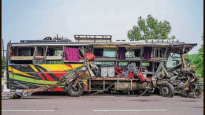 M angled remains of a bus lies on a road after an accident, in Unnao district on July 10, 2024. (PTI File) M angled remains of a bus lies on a road after an accident, in Unnao district on July 10, 2024. (PTI File)