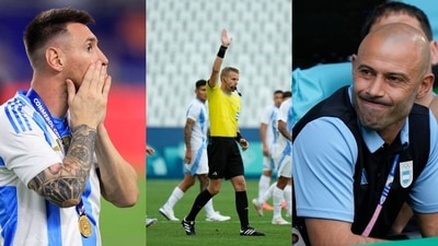 Lionel Messi stunned after Argentina's late goal was disallowed in Olympics 2024; Javier Mascherano lashed out. (AP and AFP Image) Lionel Messi stunned after Argentina's late goal was disallowed in Olympics 2024; Javier Mascherano lashed out. (AP and AFP Image)