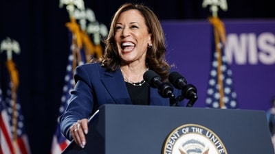 US Vice President and Democratic Presidential candidate Kamala Harris speaks at West Allis Central High School during her first campaign rally in Milwaukee, Wisconsin, on July 23, 2024. (Photo by KAMIL KRZACZYNSKI / AFP) (AFP)
