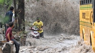A view of a heavily waterlogged street near Punjabi Bagh after sudden rain on Wednesday morning in New Delhi, (Sanchit Khanna/HT) A view of a heavily waterlogged street near Punjabi Bagh after sudden rain on Wednesday morning in New Delhi, (Sanchit Khanna/HT)