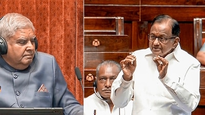 Rajya Sabha Chairman Jagdeep Dhankhar reacts as Congress MP P Chidambaram speaks in the House during the Monsoon session of Parliament, in New Delhi, Wednesday, July 24, 2024. (PTI) Rajya Sabha Chairman Jagdeep Dhankhar reacts as Congress MP P Chidambaram speaks in the House during the Monsoon session of Parliament, in New Delhi, Wednesday, July 24, 2024. (PTI)