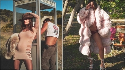 Hailey shared the pictures on Instagram with the caption, "With little burrito in my belly [pregnant woman emoji]." The photos, clicked by David Sims, show the Rhode founder in stylish baby bump-baring ensembles, including lacy lingerie, an oversized sweater, a sheer cut-out dress, an oversized fur coat, a linen mini dress, and more.&nbsp; (Instagram/@haileybieber)