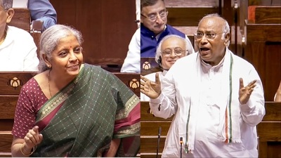 Finance minister Nirmala Sitharaman and Leader of Opposition in Rajya Sabha Mallikarjun Kharge. (PTI) Finance minister Nirmala Sitharaman and Leader of Opposition in Rajya Sabha Mallikarjun Kharge. (PTI)
