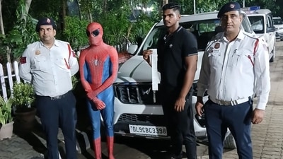 Delhi Police arrested Spider-Man and the driver of the vehicle over dangerous driving. (X/ANI) Delhi Police arrested Spider-Man and the driver of the vehicle over dangerous driving. (X/ANI)
