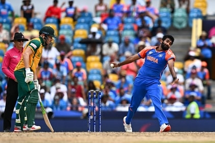 Jasprit Bumrah (R) bowls during the ICC men's Twenty20 World Cup 2024 final cricket match between India and South Africa (AFP)
