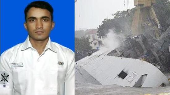 Leading seaman Sitendra SinghSingh (left) was among the multi-role frigate’s crew involved in the repairs of the locally made warship INS Brahmaputra (right) when a fire broke out on board.