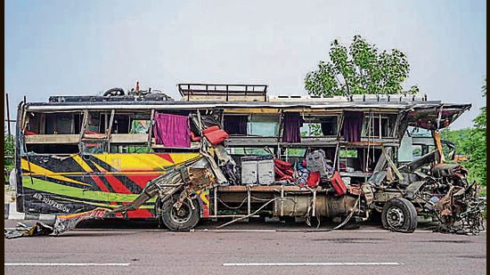 M angled remains of a bus lies on a road after an accident, in Unnao district on July 10, 2024. (PTI File) M angled remains of a bus lies on a road after an accident, in Unnao district on July 10, 2024. (PTI File)