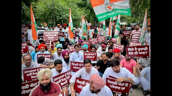 Members of the Youth Congress during a protest outside Punjab State Power Corporation Limited headquarters.