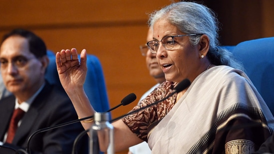 Union Finance Minister Nirmala Sitharaman during Post Budget Press Conference. (Photo by Ajay Aggarwal/ Hindustan Times) (Hindustan Times)(HT_PRINT)