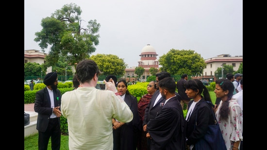 New Delhi: Lawyers speak to the media outside the Supreme Court after the hearing regarding the alleged irregularities in the conduct of the exam, in New Delhi, Monday, July 22, 2024 (PTI Photo) (PTI)