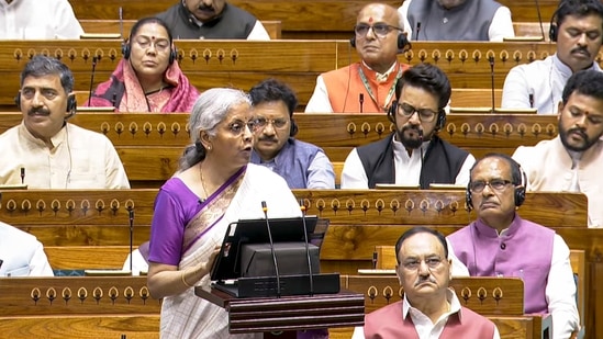 Union finance minister Nirmala Sitharaman presents the Union Budget 2024-25 in Lok Sabha in New Delhi on July 23.(PTI)