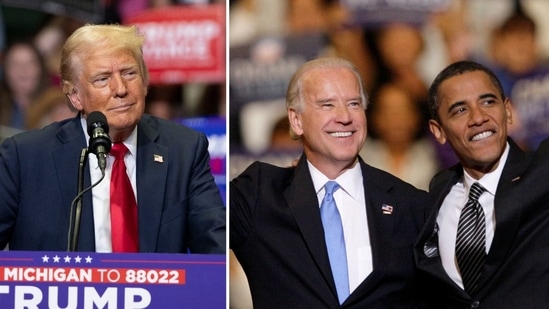 Donald Trump says top Democrats like Barack Obama helped push Joe Biden out (Photo by BILL PUGLIANO / GETTY IMAGES NORTH AMERICA / Getty Images via AFP, AP Photo/Lynne Sladky, File)