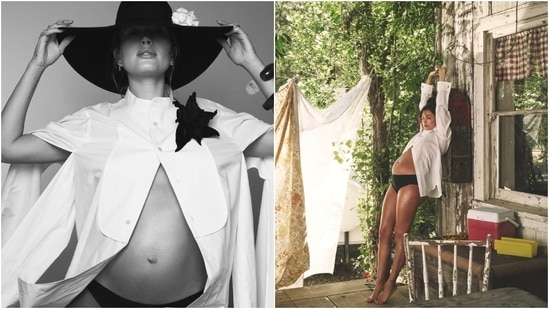 Hailey poses in the first picture wearing an oversized white knit sweater and bikini bottoms. In the second image, she looks stunning in a strapless sheer dress styled with loose tresses and minimal accessories. (David Sims)