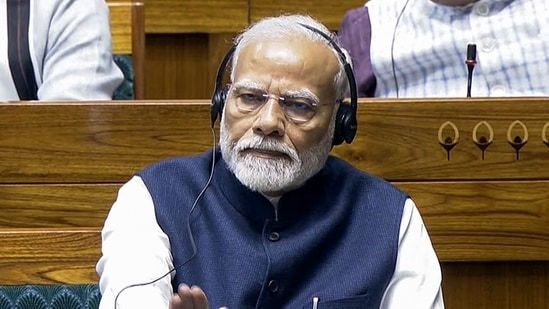 Prime Minister Narendra Modi attends the Union Budget 2024-25 being presented by Union Minister of Finance and Corporate Affairs Nirmala Sitharaman in the Lok Sabha during the Monsoon Session.(Sansad TV)