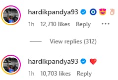 Una captura de pantalla de los comentarios de Hardik Pandya.