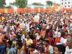 Patna, Bihar, India -May .28, 2024: BJP supporters gather during Uttar Pradesh Chief Minister Yogi Adityanath addressing a public election rally (Photo by Santosh Kumar/ Hindustan Times)