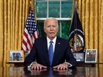 US president Joe Biden addresses the nation from the Oval Office of the White House in Washington, Wednesday, July 24, 2024, about his decision to drop his Democratic presidential reelection bid.