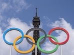 The Olympic rings on the Eiffel Tower. The Olympic rings on the Eiffel Tower.