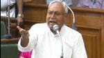 Bihar chief minister Nitish Kumar gestures towards the Opposition in the assembly in Patna. (Santosh Kumar/ HT Photo) Bihar chief minister Nitish Kumar gestures towards the Opposition in the assembly in Patna. (Santosh Kumar/ HT Photo)
