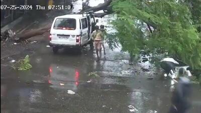 A giant tree fell on a school van and pillion rider in Anand Park, Wadgaon Sheri, around 8 am on Thursday morning. No casualties were reported, said officials. The fire brigade department swiftly responded and removed the tree that damaged the roof of the van. (HT PHOTO) A giant tree fell on a school van and pillion rider in Anand Park, Wadgaon Sheri, around 8 am on Thursday morning. No casualties were reported, said officials. The fire brigade department swiftly responded and removed the tree that damaged the roof of the van. (HT PHOTO)