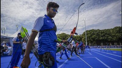Archer Dhiraj Bommadevara during the ranking round of men's archery event at the Paris Olympics on Thursday. (PTI) Archer Dhiraj Bommadevara during the ranking round of men's archery event at the Paris Olympics on Thursday. (PTI)