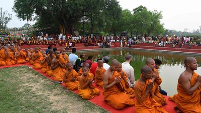 Buddhist monks offer prayers at the Mayadevi temple on the occasion of Buddha Purnima, which marks Gautama Buddha's birth anniversary, in Lumbini, Nepal on May 16, 2022. (AFP) Buddhist monks offer prayers at the Mayadevi temple on the occasion of Buddha Purnima, which marks Gautama Buddha's birth anniversary, in Lumbini, Nepal on May 16, 2022. (AFP)