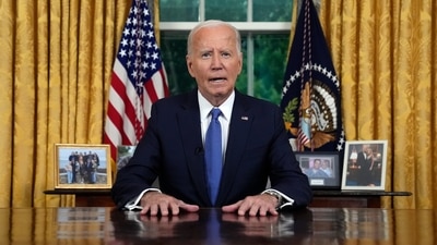 US president Joe Biden addresses the nation from the Oval Office of the White House in Washington, Wednesday, July 24, 2024, about his decision to drop his Democratic presidential reelection bid. ( (AP Photo/Evan Vucci, Pool))