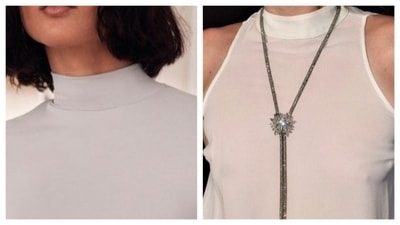 The high neckline looks stunning with long, Y-shaped and mid-sized necklaces. It gives the illusion of a longer neck and does not feel uncomfortable. You may feel discomfort if you pair chokers, bibs, collar necklaces with high neck because of the awkward clash between the neckline and the necklace. Try to opt for minimalistic jewelries for a sophisticated look. (Pinterest) The high neckline looks stunning with long, Y-shaped and mid-sized necklaces. It gives the illusion of a longer neck and does not feel uncomfortable. You may feel discomfort if you pair chokers, bibs, collar necklaces with high neck because of the awkward clash between the neckline and the necklace. Try to opt for minimalistic jewelries for a sophisticated look. (Pinterest)