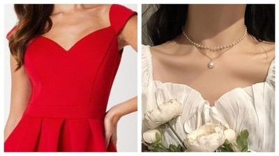 Sweetheart neckline is highlighted with a statement neckpiece or a choker piece. A layered choker piece spotlights the collarbones. On the other hand, a statement piece adds a pinch of drama to the curvatures of the neckline. However, it is recommended to not wear long necklace as it hides the shape and lines of the sweetheart neckline. (Pinterest) Sweetheart neckline is highlighted with a statement neckpiece or a choker piece. A layered choker piece spotlights the collarbones. On the other hand, a statement piece adds a pinch of drama to the curvatures of the neckline. However, it is recommended to not wear long necklace as it hides the shape and lines of the sweetheart neckline. (Pinterest)