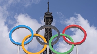 The Olympic rings on the Eiffel Tower. (Bloomberg)