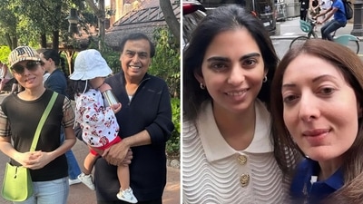 Sharmila Faruqui with Mukesh Ambani and Isha Ambani in Paris. Sharmila Faruqui with Mukesh Ambani and Isha Ambani in Paris.