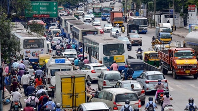 Traffic jam on one side of the Mysuru Road in Bengaluru. (ANI) Traffic jam on one side of the Mysuru Road in Bengaluru. (ANI)