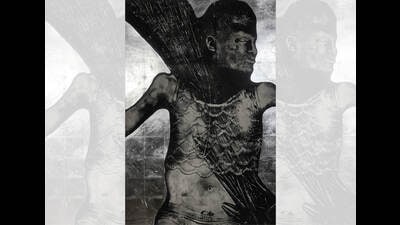 Yashwant Singh imprints himself on to paper by using soot or lampblack, in different postures. Yashwant Singh imprints himself on to paper by using soot or lampblack, in different postures.