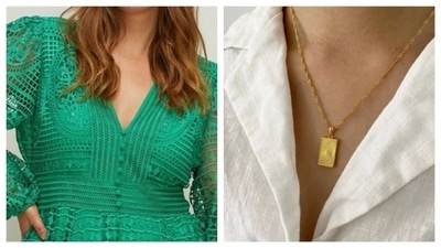 V neckline goes well with pendant necklace, complementing the v-dip. The pendant necklace follow the lines of the neckline, is cohesive as it enhances the double v-shape of both the pendant and the neckline. This combination makes the neck look slender and longer. (Pinterest) V neckline goes well with pendant necklace, complementing the v-dip. The pendant necklace follow the lines of the neckline, is cohesive as it enhances the double v-shape of both the pendant and the neckline. This combination makes the neck look slender and longer. (Pinterest)