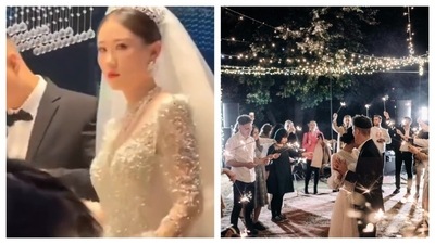 The bride throws a death glare at the misbehaving guests at her wedding.