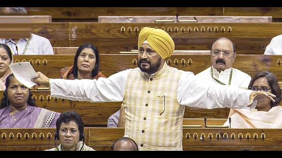 Jalandhar Congress MP Charanjit Singh Channi speaking in the Lok Sabha during the monsoon session of Parliament in New Delhi on Thursday. (ANI Photo)