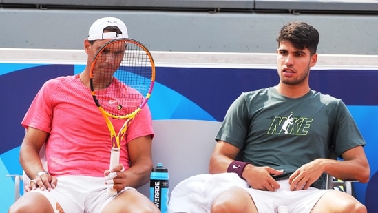 Rafael Nadal and Carlos Alcaraz during a practice session.(PTI)