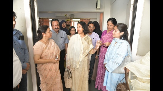 Prof Naima Khatoon inspecting the Begum Azizun Hall, AMU (HT Photo)