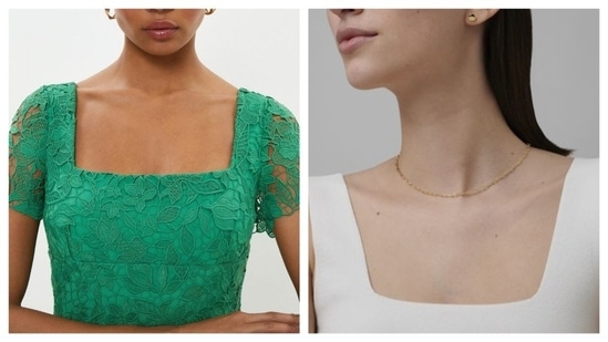 Square neckline has a sharp, symmetrical shape. It needs dainty and simple necklace to balance the sharpness. Minimalistic collar necklaces or choker go well with square necklines. Avoid wearing chunky necklace as the square neckline is anyway too dramatic with its angular cut. Similarly, stay away from long pieces which might cross the neckline.(Pinterest)